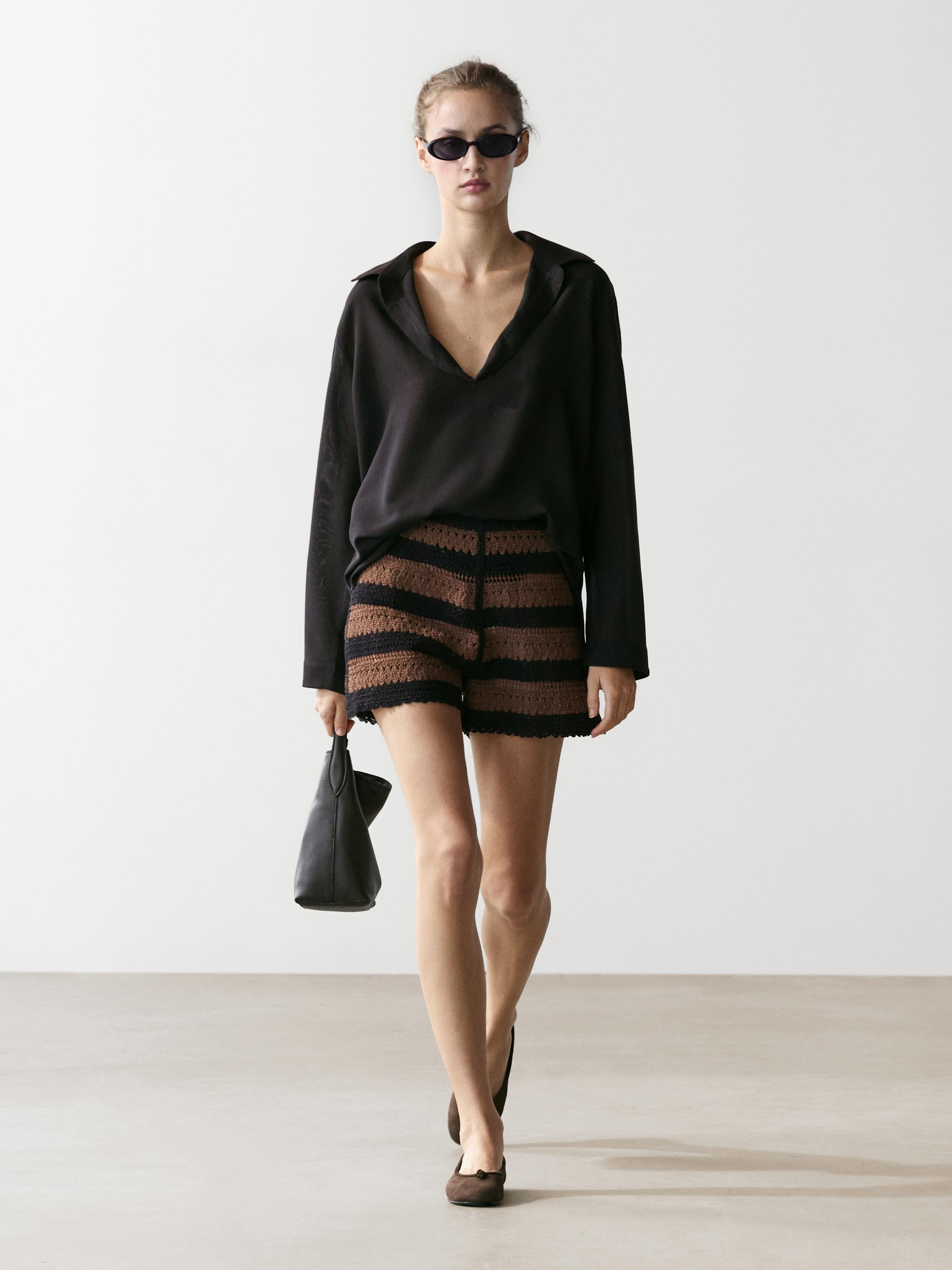 Striped cotton crochet shorts — BROWN