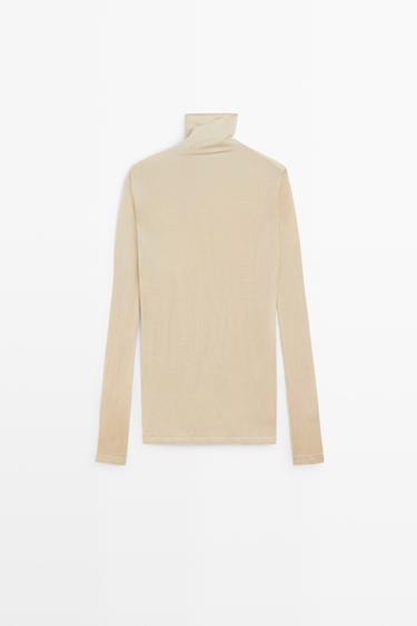 Long 100% silk turtleneck sweater — Light Beige 6