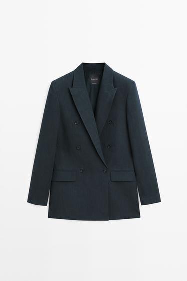 Double-breasted melange linen blazer — NAVY BLUE 2