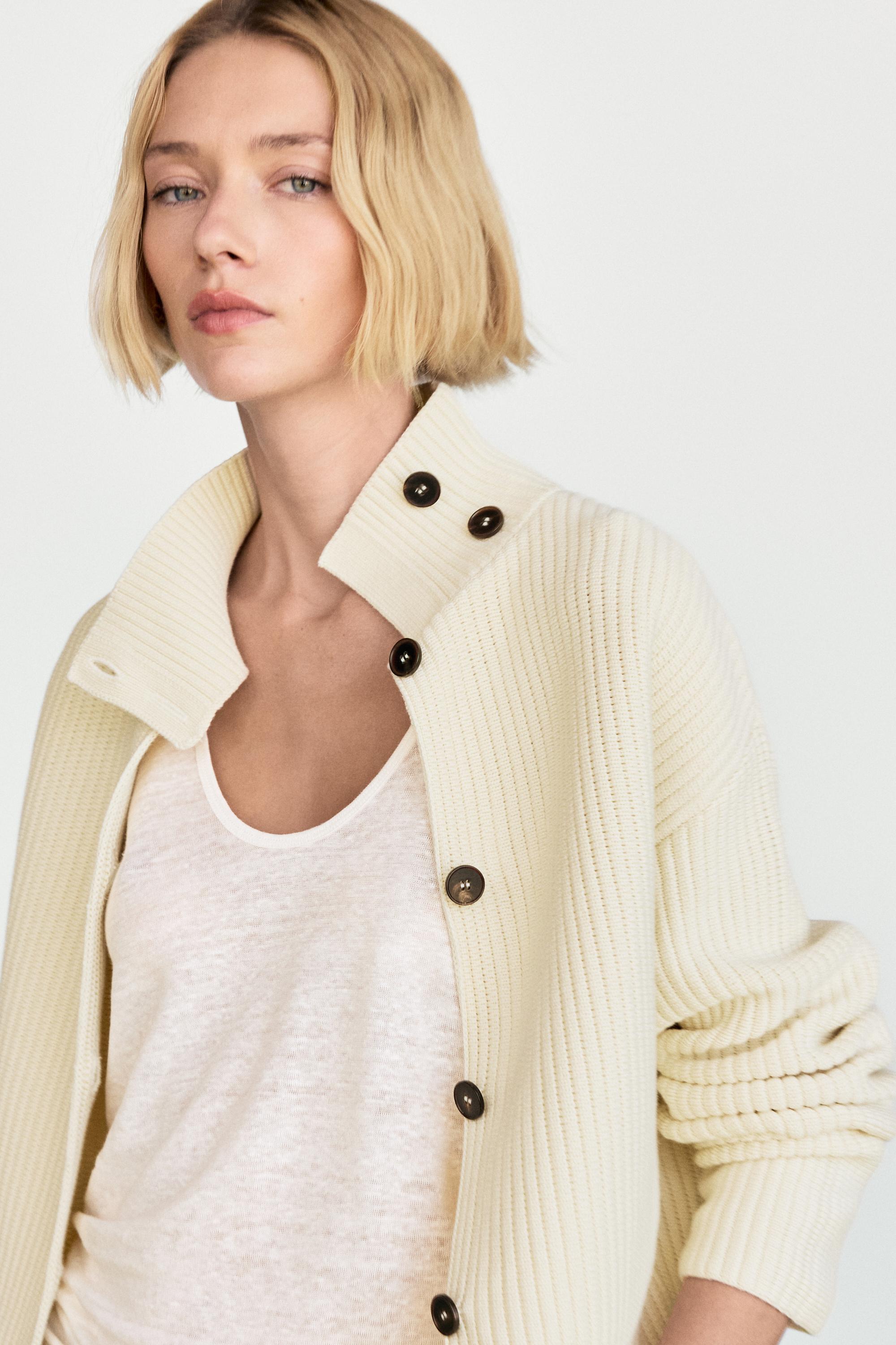 100% cotton turtleneck knit cardigan — CREAM
