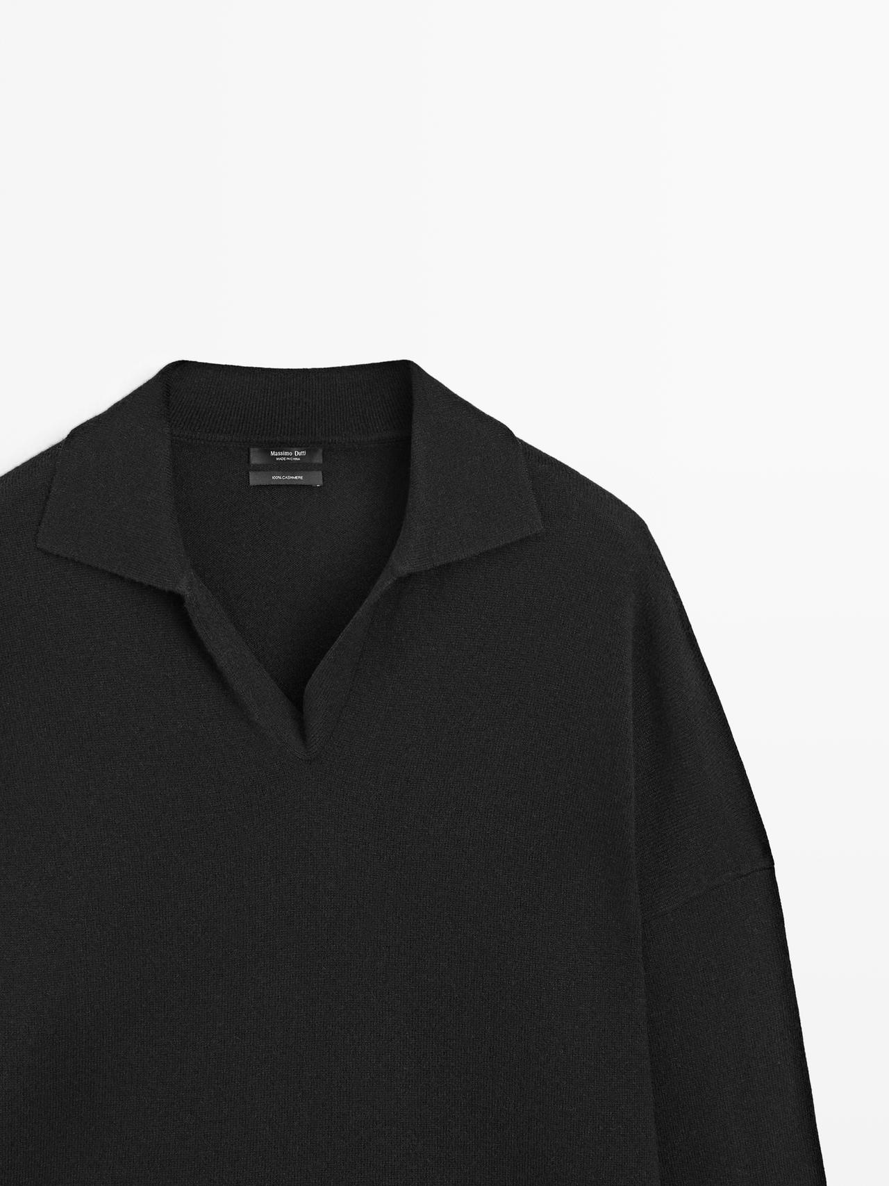 100% cashmere oversize polo collar sweater — BLACK