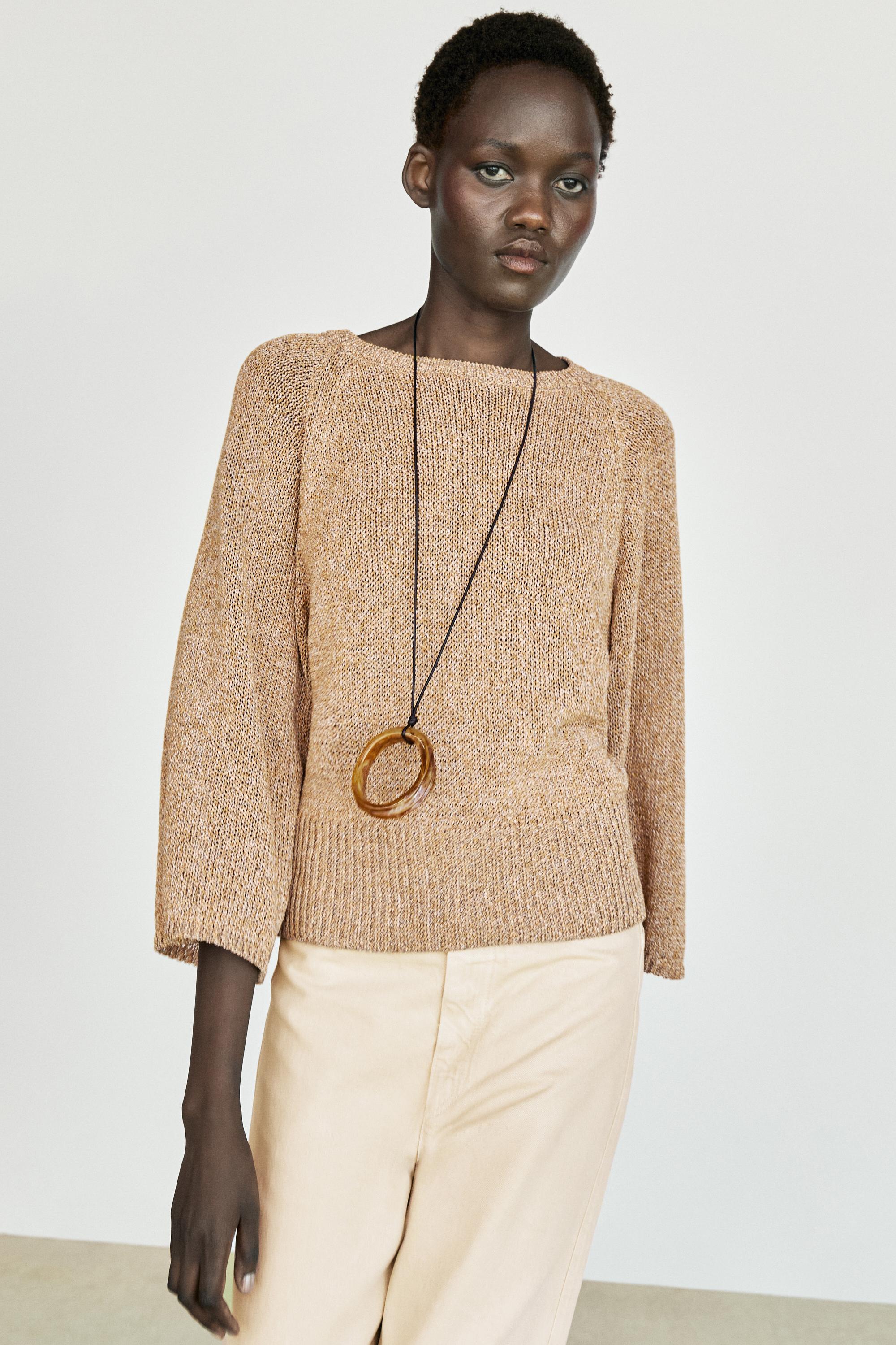Cotton blend heathered knit sweater — Tobacco brown
