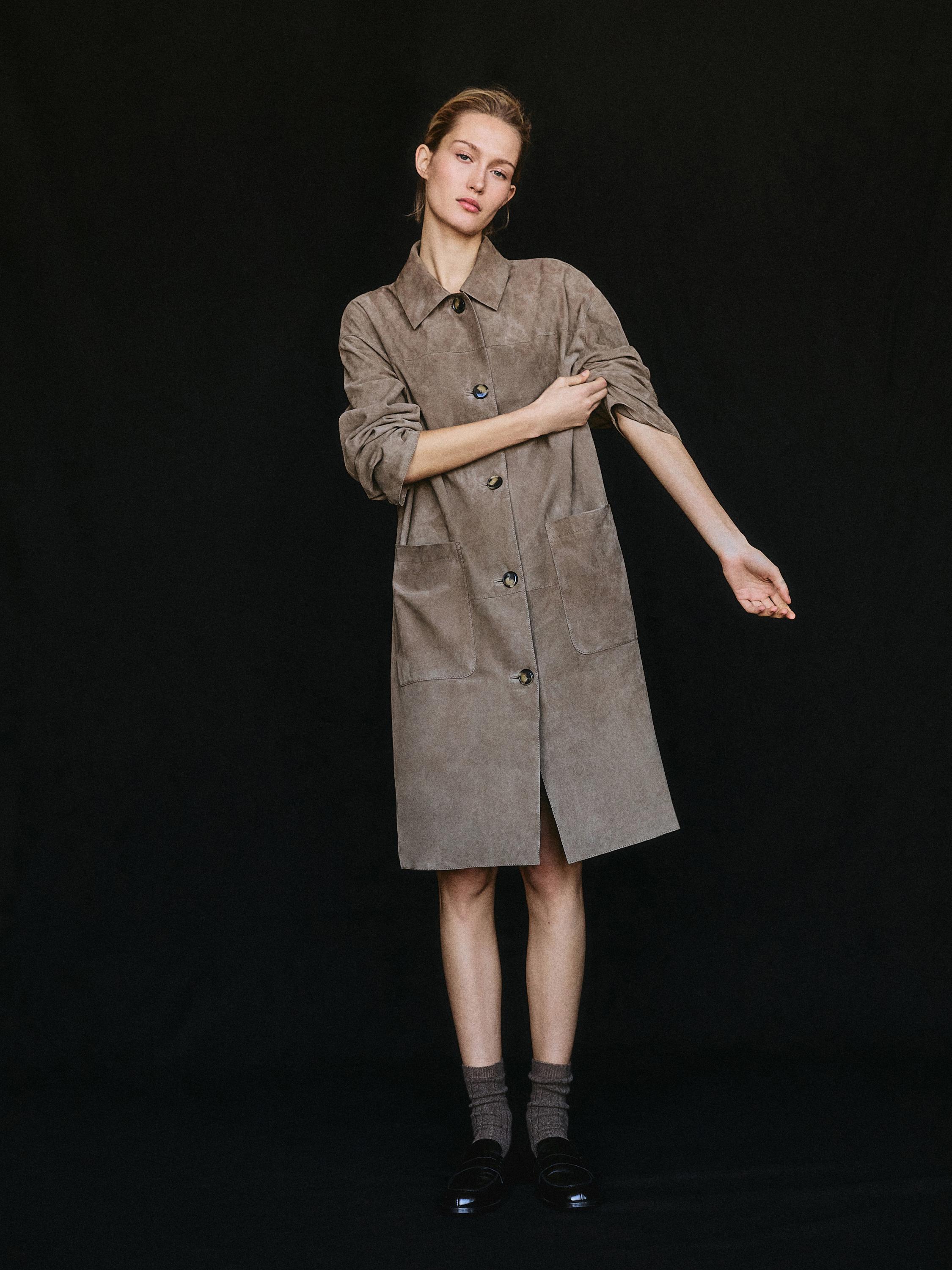 Suede leather trench coat