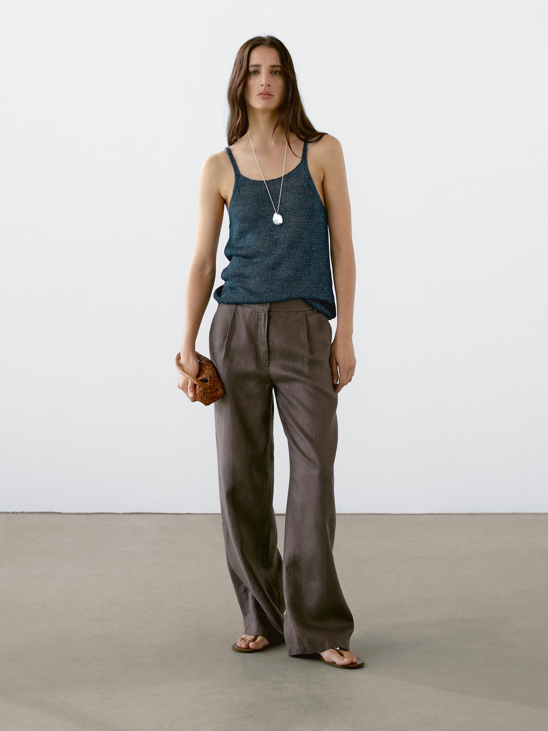 Pantalon Wide Fit 100 % Lin - Marron Taupe - 42 - Massimo Dutti - Femme