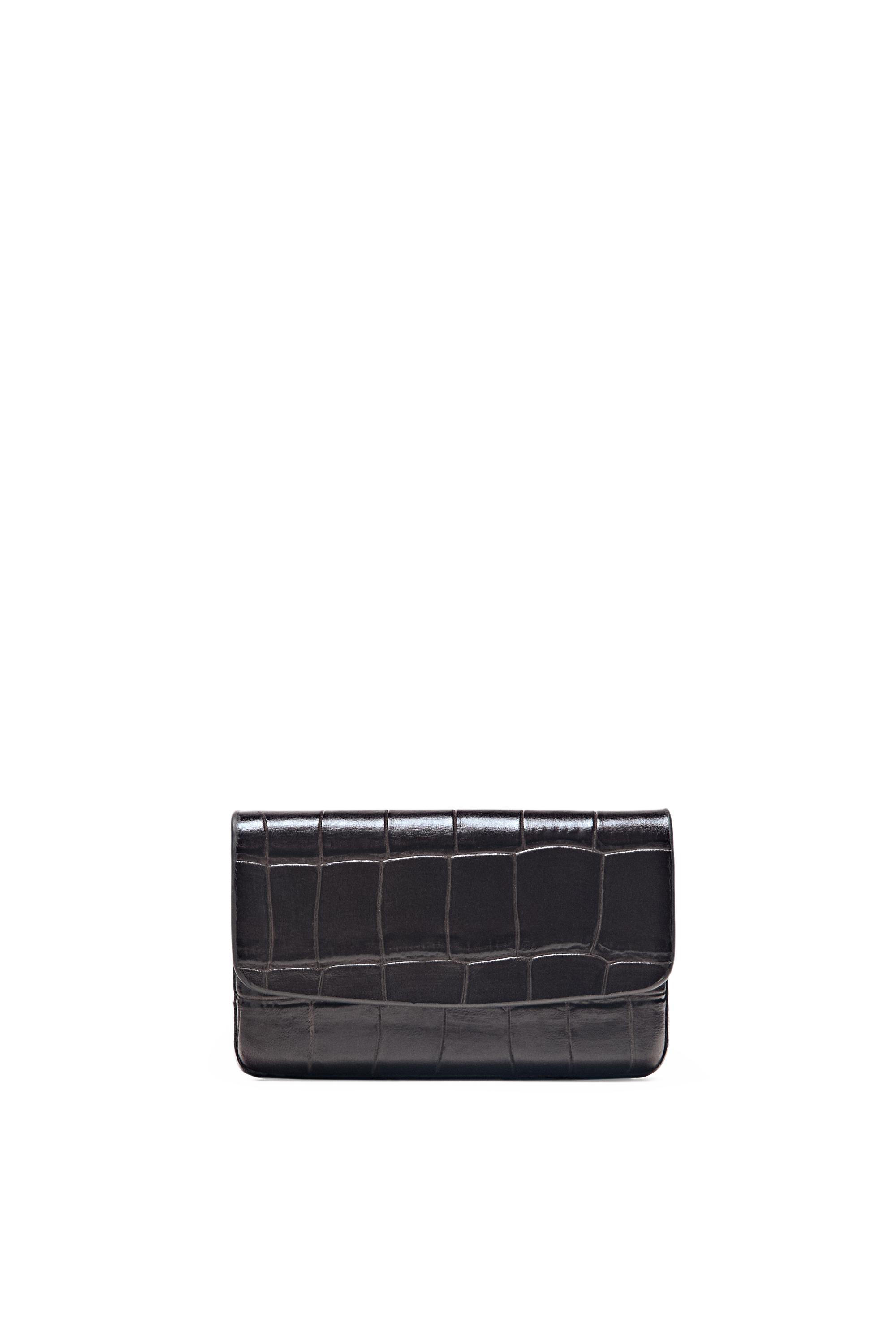 Crocodile-textured leather card holder — BROWN