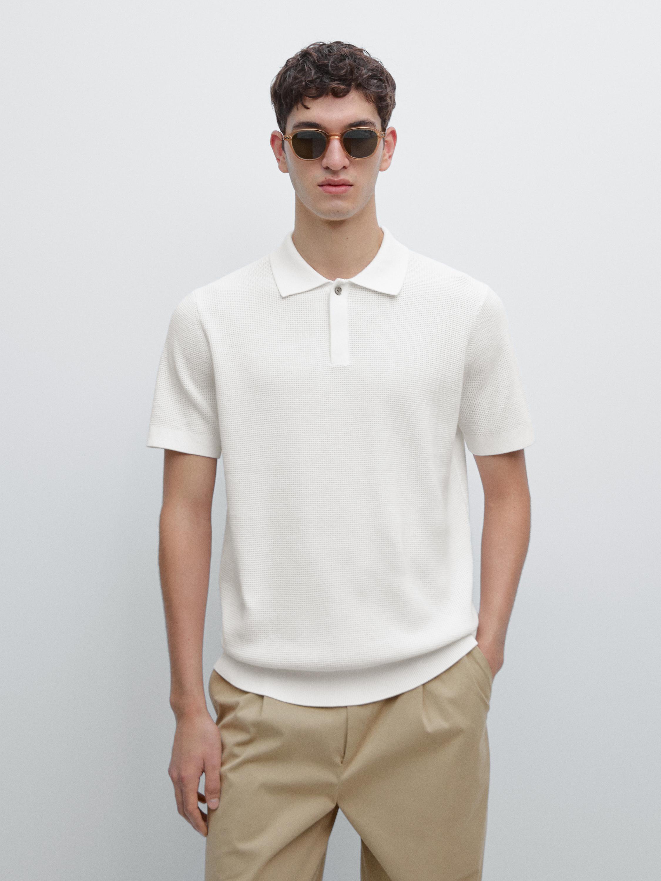 Textured cotton knit polo shirt — WHITE
