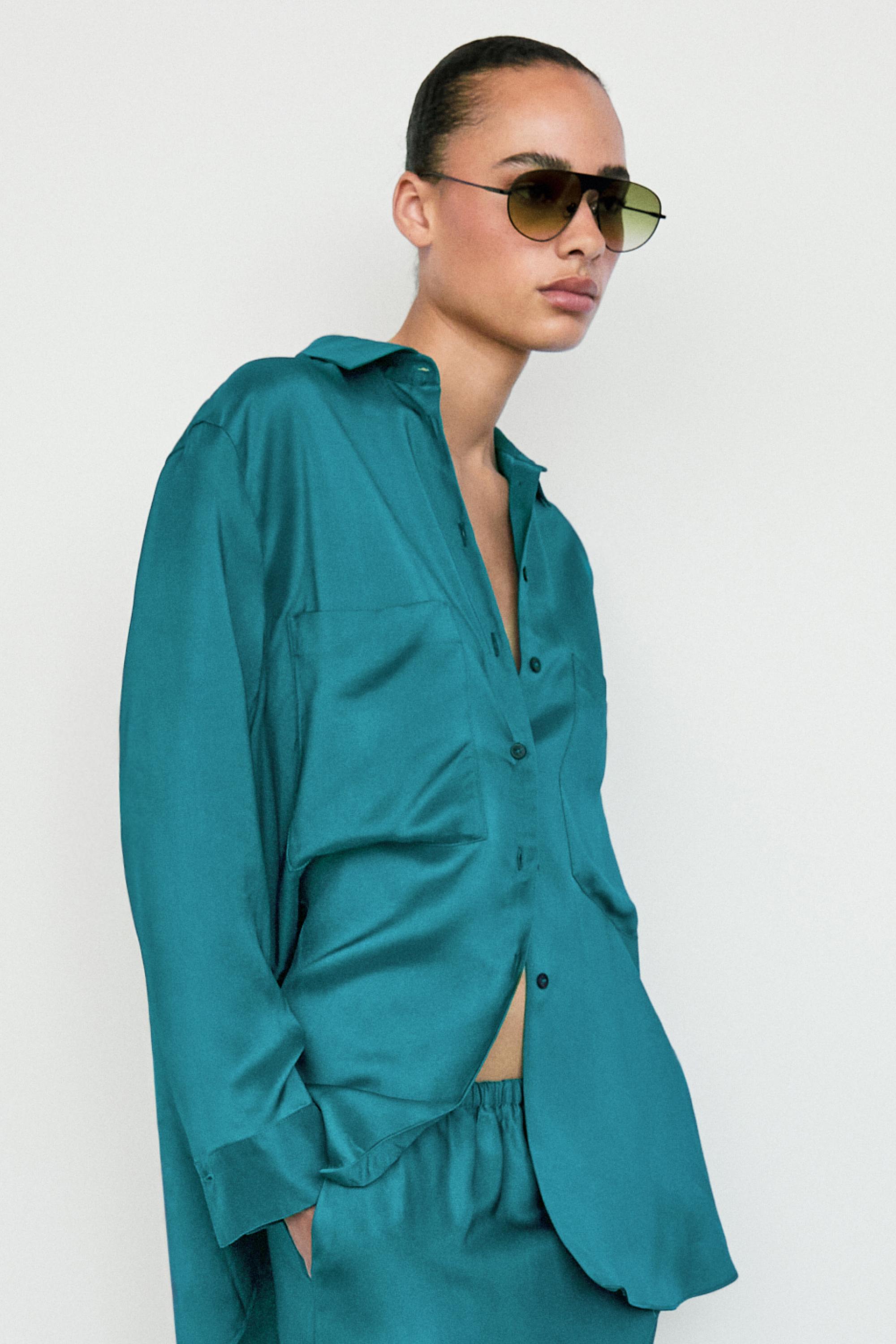 Flowing satin shirt with pockets — GREENISH BLUE